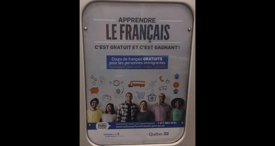 Sign on the Metro Rail in Montreal that reads, Would you like to learn french? in French